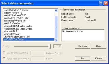 VirtualDubin video compression-valikko