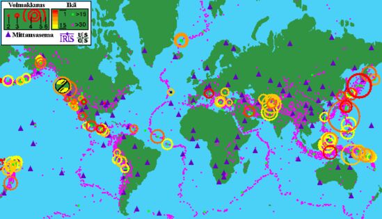 Kuva 14. Viimeaikaiset maanjäristykset maailmalla