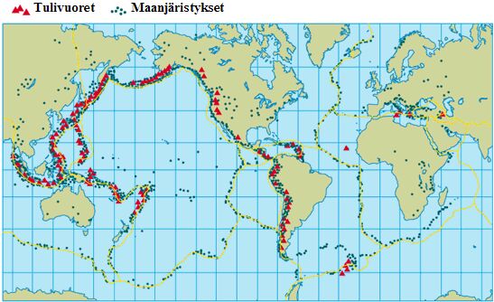 Maapallon toimivia tulivuoria ja maanjäristysalueita