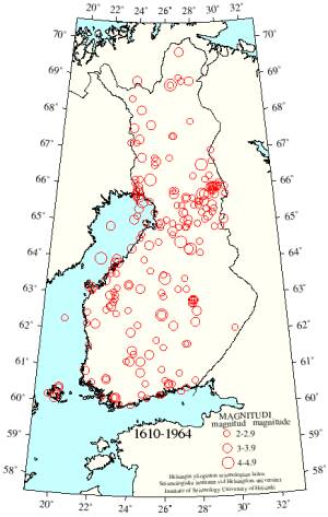 Kuva 40. Suomessa rekisteröidyt maanjäristykset vuosina 1610-1964